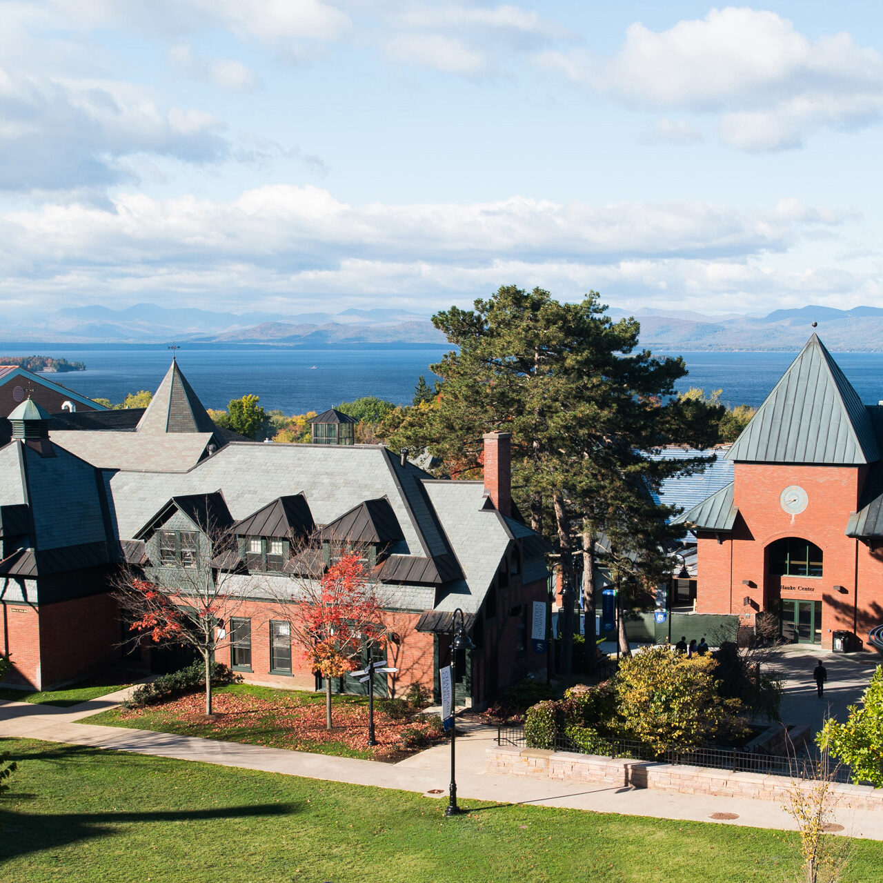 view of campus with Lake Champlain and mountains in the background